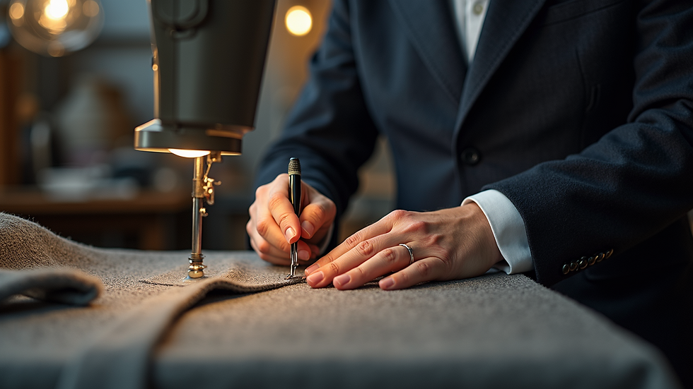 Eye-level view of a tailor sewing a high-quality wool coat