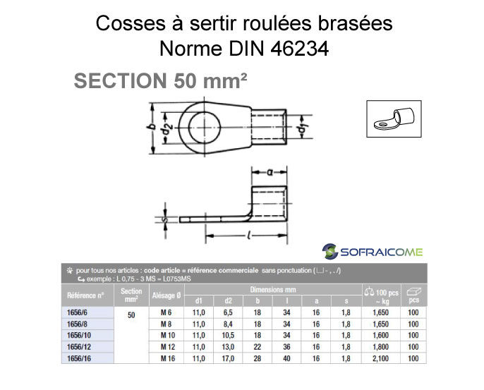 Thumbnail: Cosses à sertir roulées brasées - Section de 50 mm²