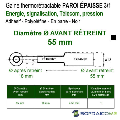 Miniatura: Gaines thermo PAROI ÉPAISSE - 3/1 - Adhésif - Ø Av rétreint 55 mm Télécom