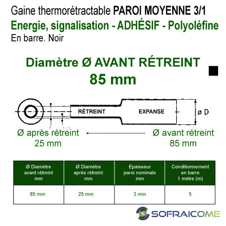 Miniature : Gaines thermo PAROI MOYENNE - 3/1 - Ø Av rétreint 85 mm - Adhésif