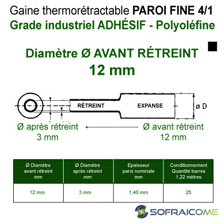 Miniatura: Gaines thermo PAROI FINE - 4/1 - Ø Av rétreint 12 mm - ADHÉSIF