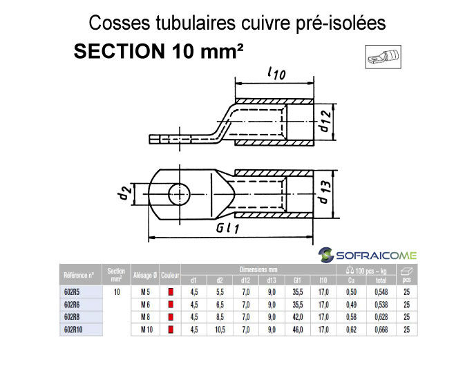 Miniatura: Cosses tubulaires cuivre pré-isolées - Section 10 mm² Rouge
