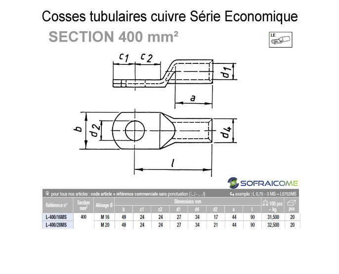 Miniature : Cosses tubulaires cuivre série économique - Section 400 mm²