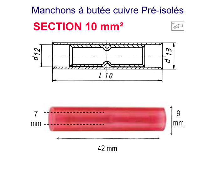 Miniatura: Manchons à butée cuivre Pré-isolés - Section 10 mm² Rouge