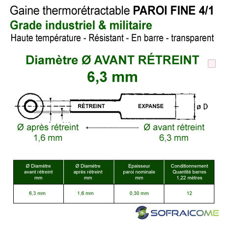 Thumbnail: Gaines thermo PAROI FINE 4/1 - Ø Av rétreint 6,3 mm - Haute C° - Transp