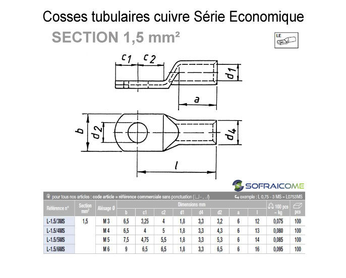 Miniatura: Cosses tubulaires cuivre série économique - Section 1,5mm²