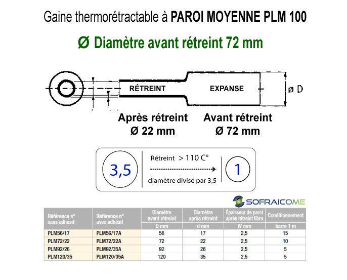 Miniatura: Gaine thermo PAROI MOYENNE PLM 100 - Rét 3,5/1 : Ø avant rétreint 72 mm