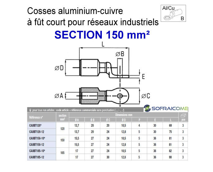 Miniatura: Cosses aluminium-cuivre à fût court pour réseaux industriels - Section 150 mm²