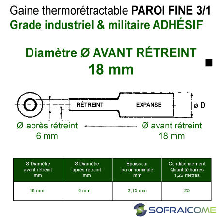 Miniatura: Gaines thermo PAROI FINE - 3/1 - Ø Av rétreint 18 mm - ADHÉSIF - Haute temp
