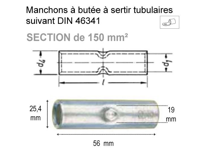 Thumbnail: Manchons à butée à sertir tubulaires - Section de 150 mm²