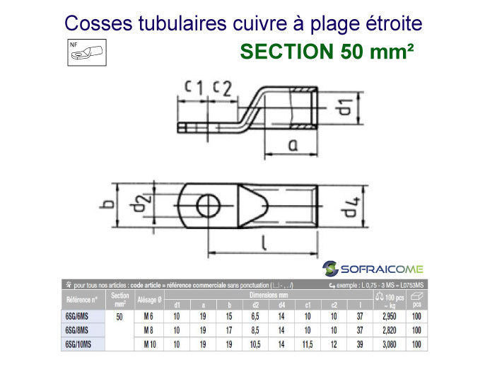 Thumbnail: Cosses tubulaires cuivre à plage étroite - Section 50 mm²