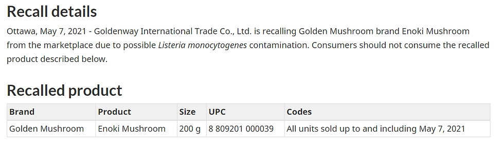 CFIA Food Recall Warning: Golden Mushroom brand Enoki Mushroom-2021/05/07