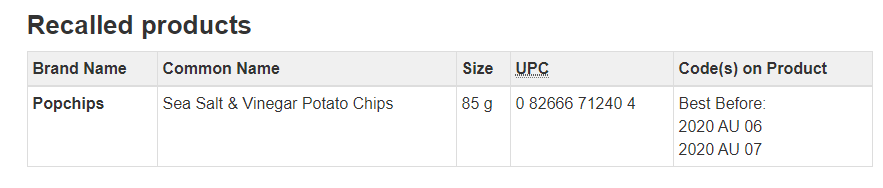 CFIA Food Recall Warning: Popchips brand Sea Salt & Vinegar Potato Chips-2019/10/28