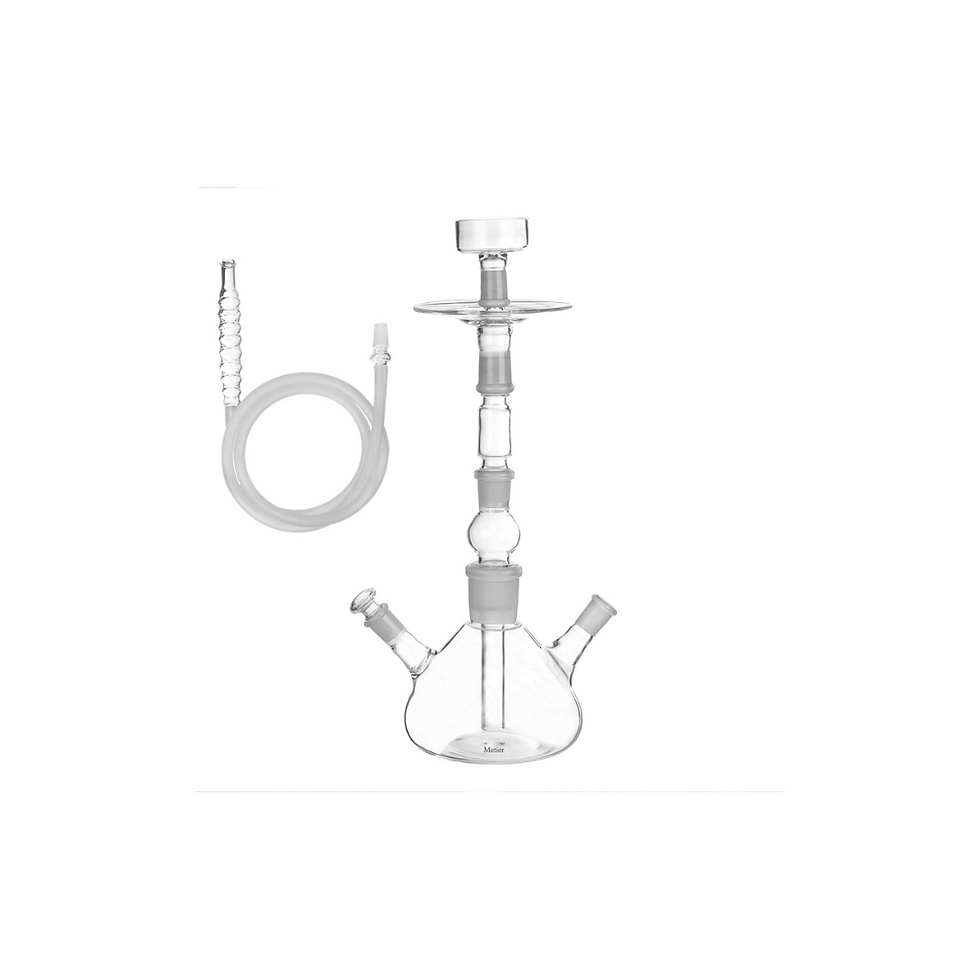 "Modern borosilicate glass hookah with clear body and metal top"