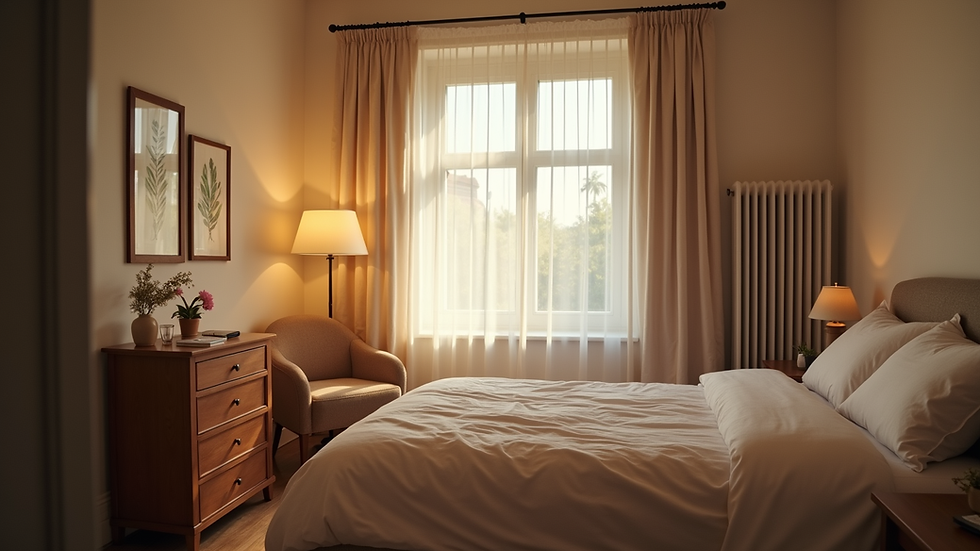 Eye-level view of a cozy bedroom with soft lighting