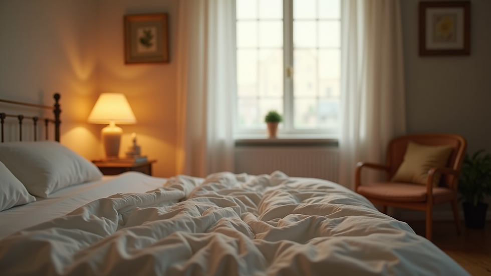 Eye-level view of a cozy bedroom setup with soft lighting