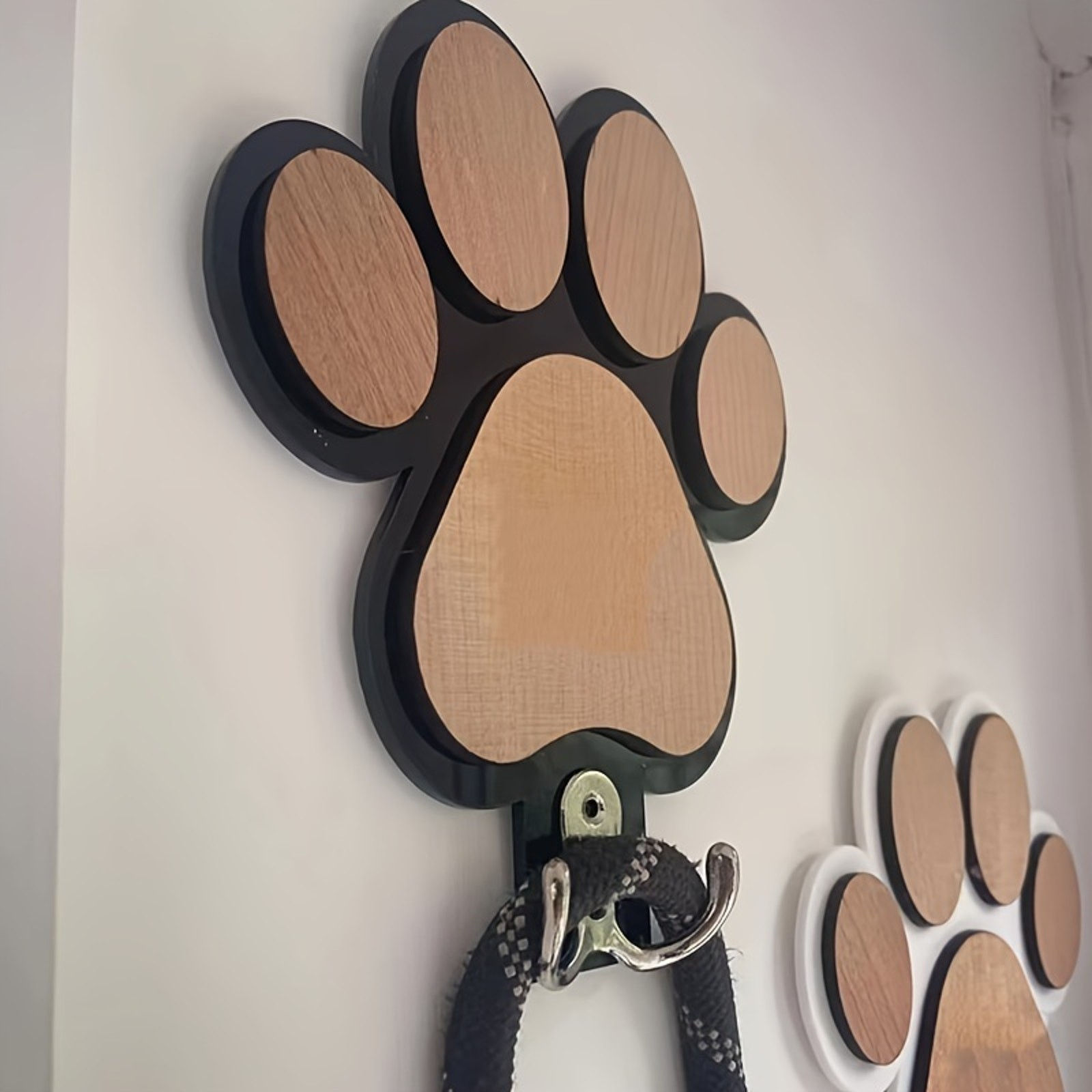Black Wooden Paw Print Lead and Collar Hanger - 16cm x 16cm