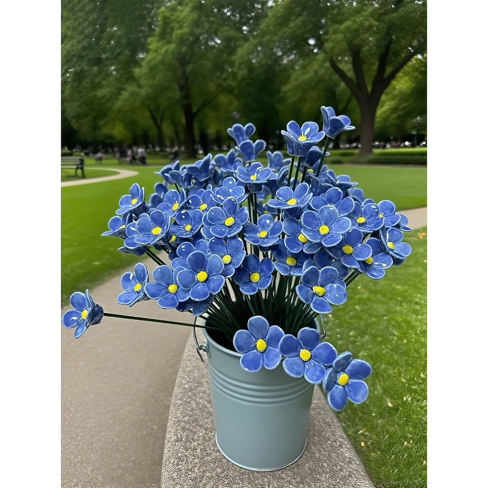 Thumbnail: 8pcs Hand-Pinched Ceramic Forget Me Not Flowers, "Blue Love" Artisan Crafted