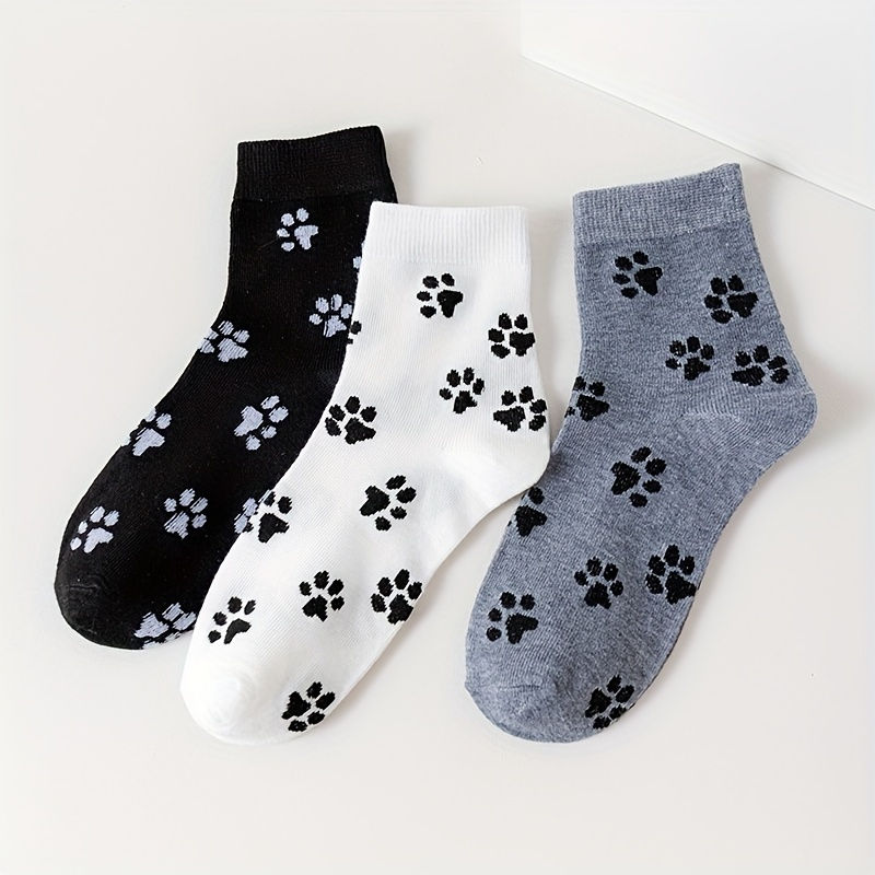 Thumbnail: 3 Pairs of "Paw Print" Women's Socks - mid calf, three colours, comfortable