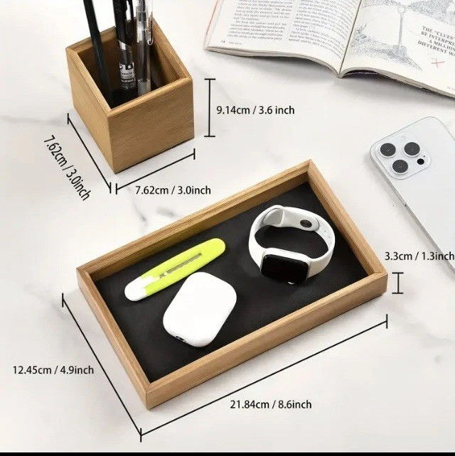 Thumbnail: Wooden Desk Organizer Tray with Pen Holder, Non-Slip Japanese Style