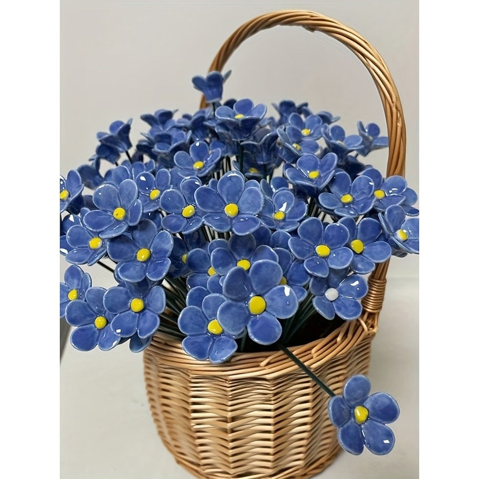 Thumbnail: 8pcs Hand-Pinched Ceramic Forget Me Not Flowers, "Blue Love" Artisan Crafted