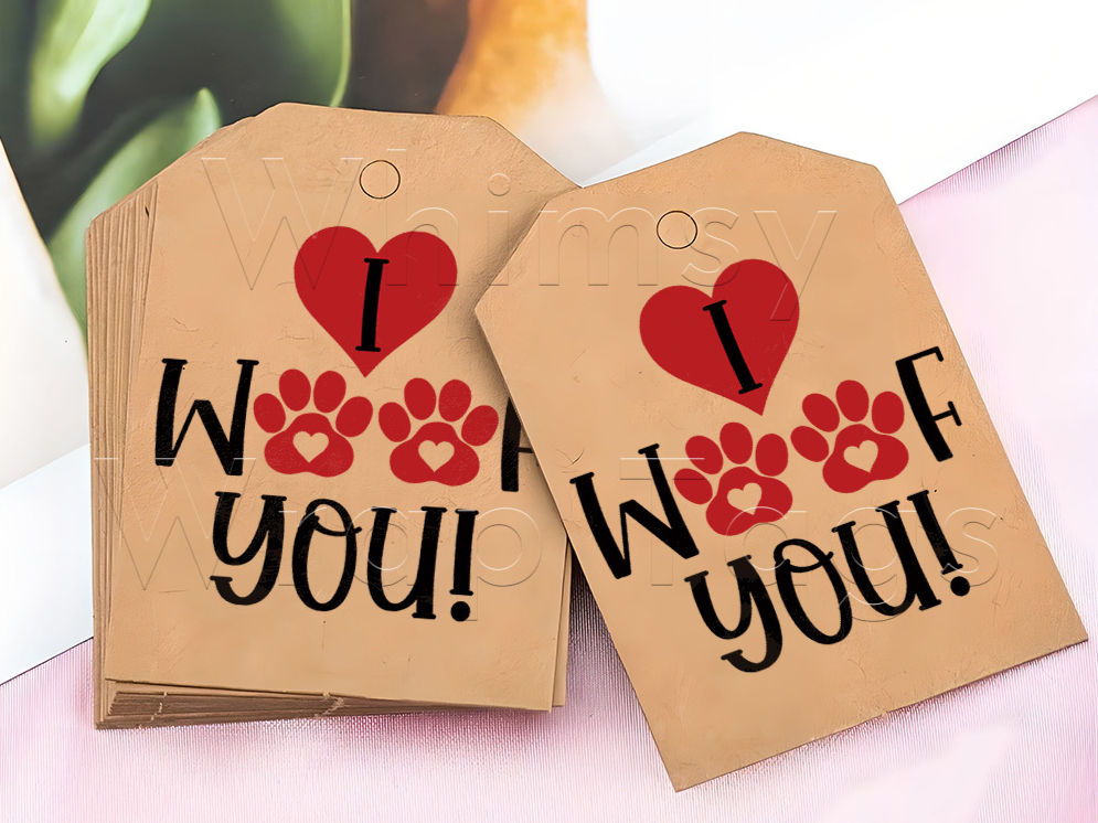 'I Woof You' with heart and paws - Kraft Tags with Hemp Twine - pack of 10