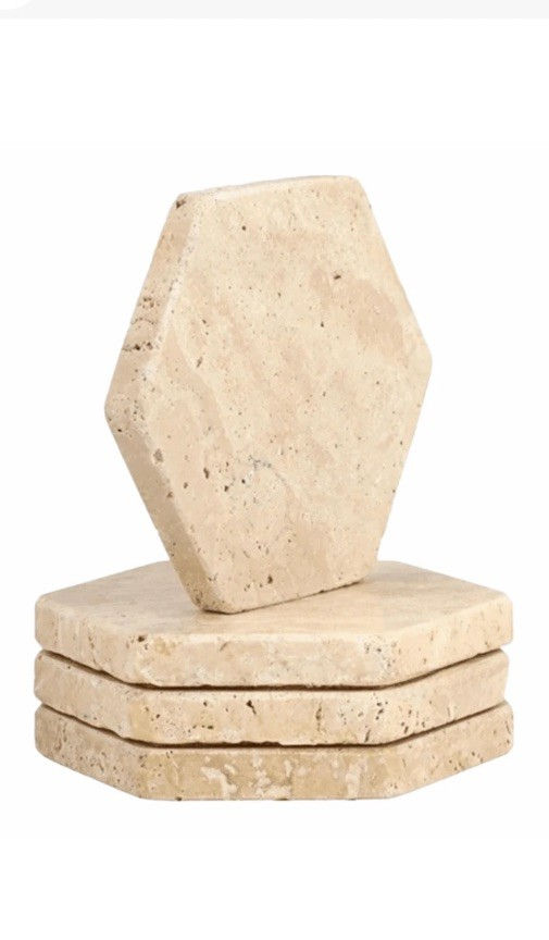 Hexagon Coasters Travertine Polished Marble set of four - wedding  birthday