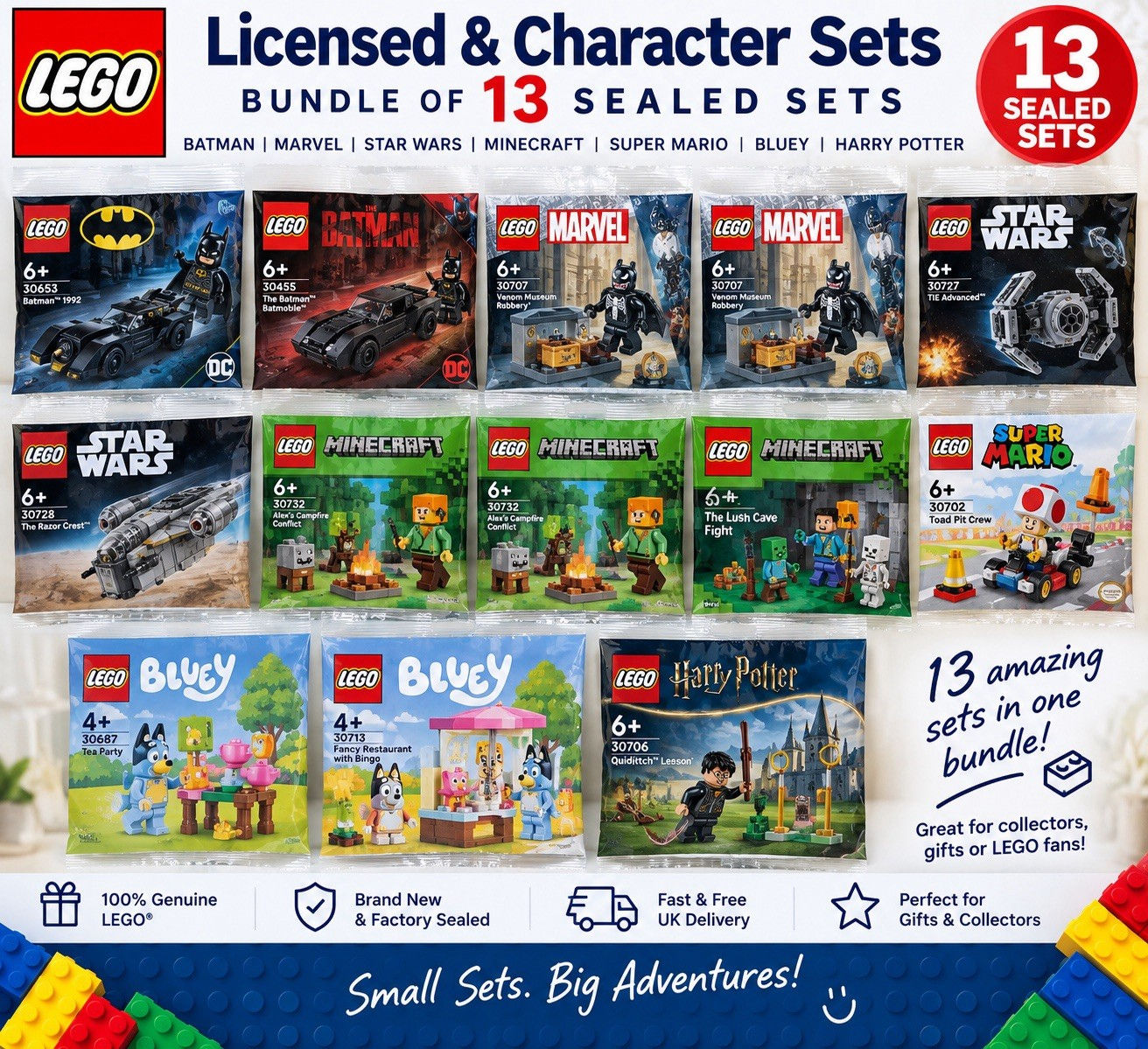 LEGO 11 Sealed Sets Bundle Batman Marvel Star Wars Minecraft Mario Bluey HP