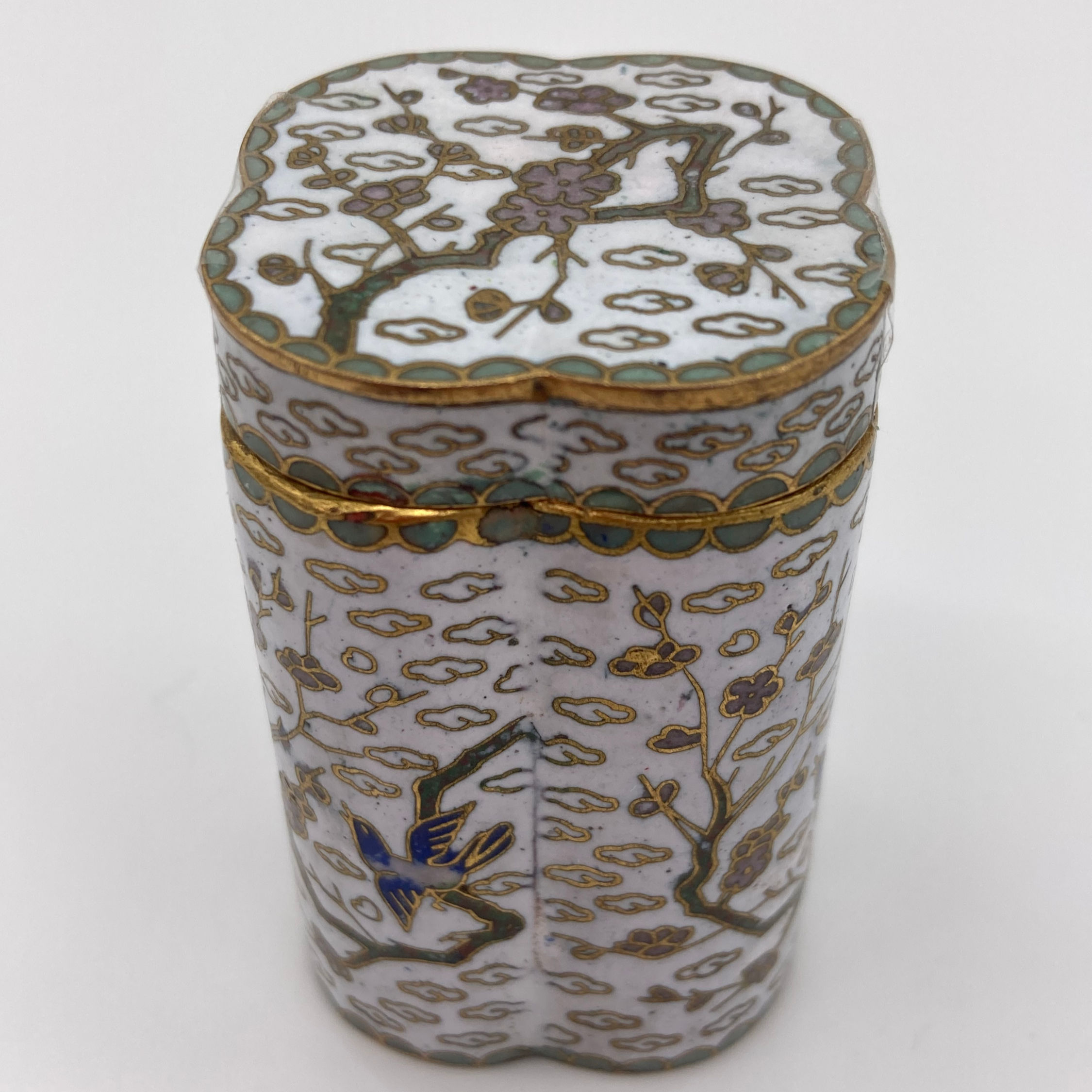 Vintage Chinese Cloisonné Enamel Gilt Trinket Pill Box / Pot Birds Bird Design