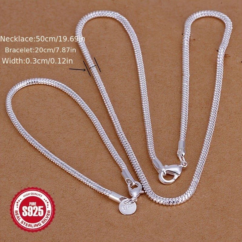 Thumbnail: 2 Piece 925 Silvery Snake Bone Chain Necklace and Bracelet Set - ready to gift