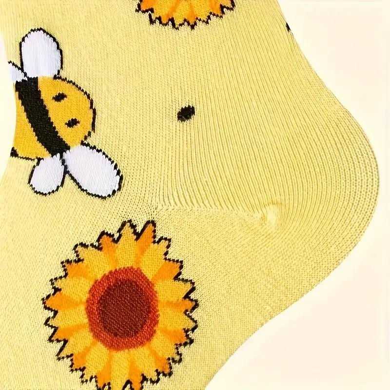 Thumbnail: Socks with Sunflower and Bee Design - Vibrant Yellow, Comfortable Knit Fabric