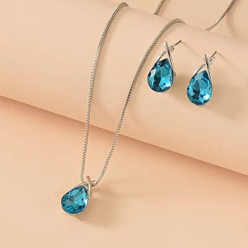 Thumbnail: Jewelry set- necklace and earrings- cyan crystal on silvery alloy- ready to gift