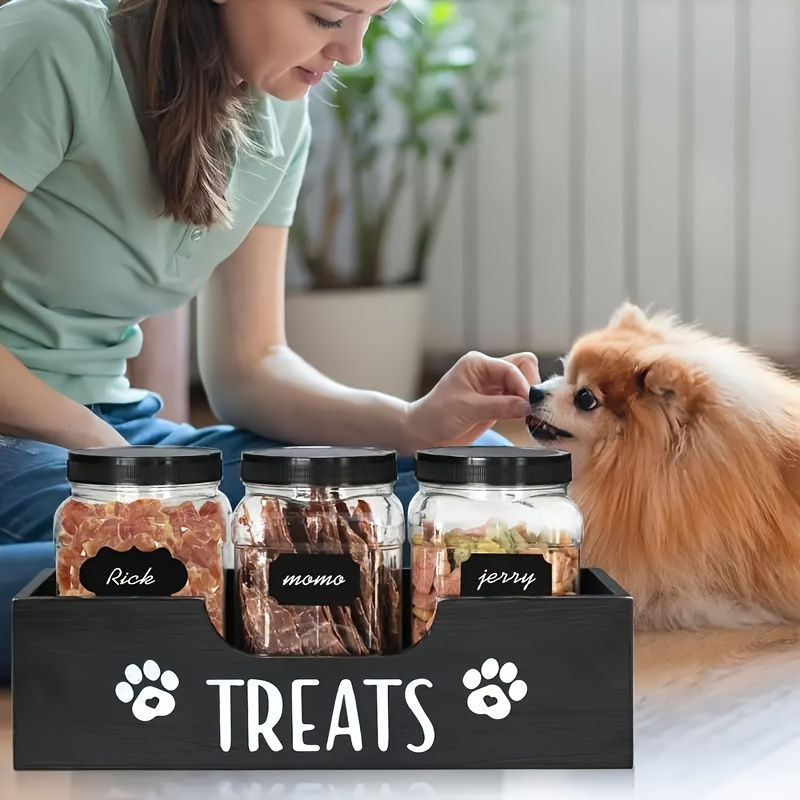 Thumbnail: Wooden Pet Treat Holder with 3 Airtight Plastic Jars - in black