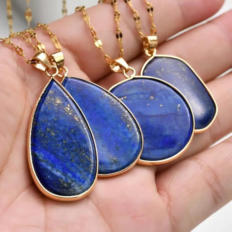 Thumbnail: Lapis Lazuli Stone Water Drop Pendant Necklace -Elegant Golden-Tone Handmade
