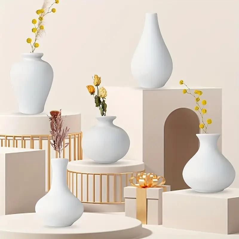 Thumbnail: 5-Piece Ceramic Bohemian Vase Set (White), Modern Minimalist Artistic-Shaped