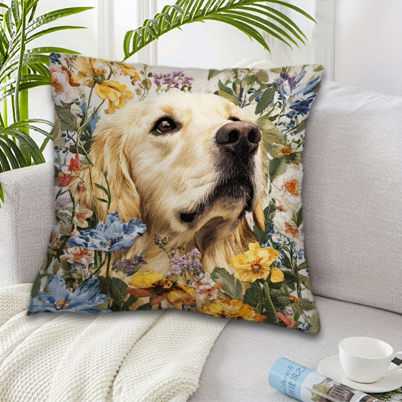 Thumbnail: Golden Retriever Cushion Cover - "Amongst flowers" pattern - very summer