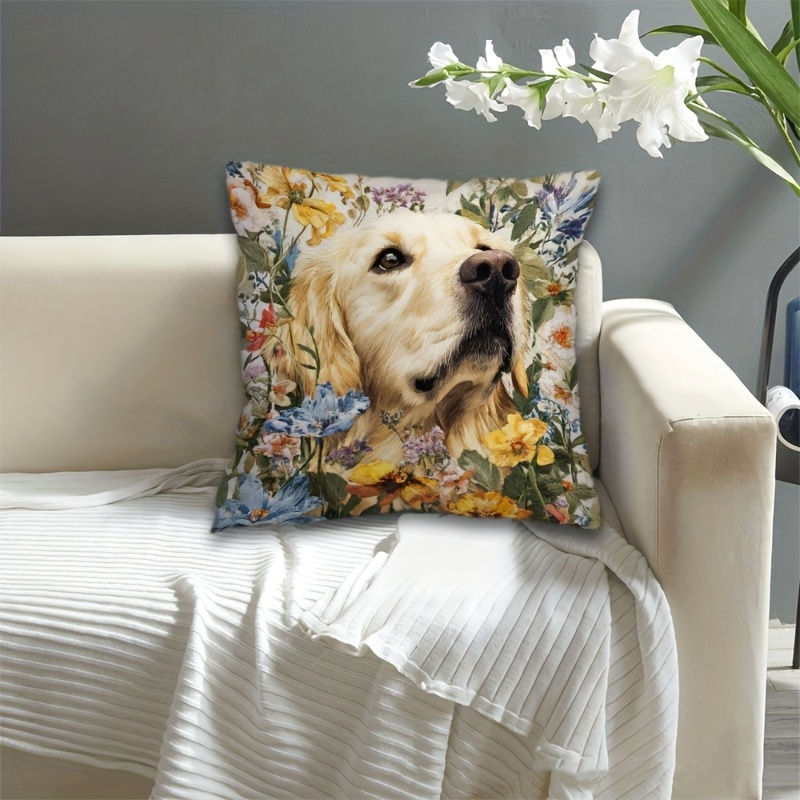 Thumbnail: Golden Retriever Cushion Cover - "Amongst flowers" pattern - very summer