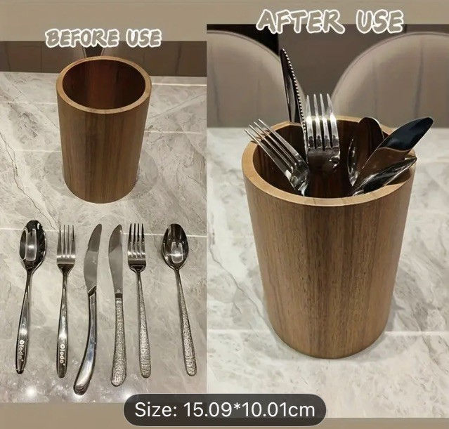 Thumbnail: Acacia Wood Pencil/Pen/Utensils Holder for Desk or Kitchen - holds up to 20 pens