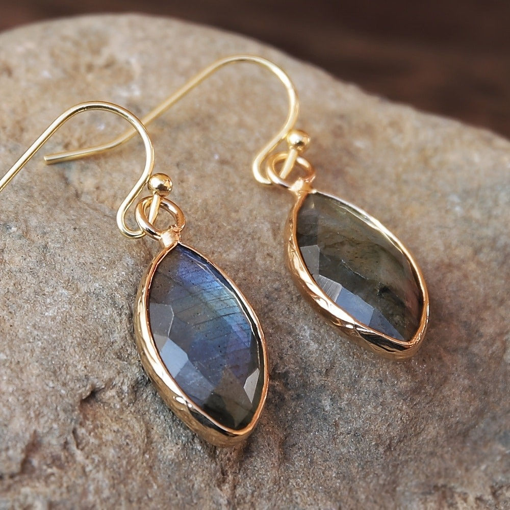 Vintage Style Labradorite Dangle Earrings for Women - Uncoated Copper Finish