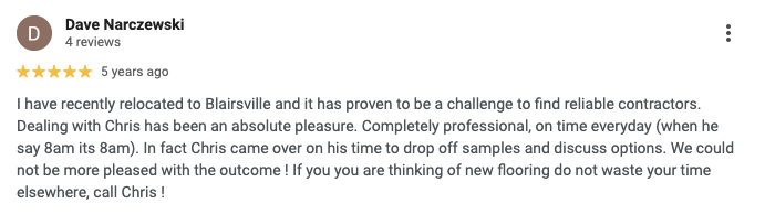 5-star review for Conger Floors, a flooring store in Blairsville Georgia.