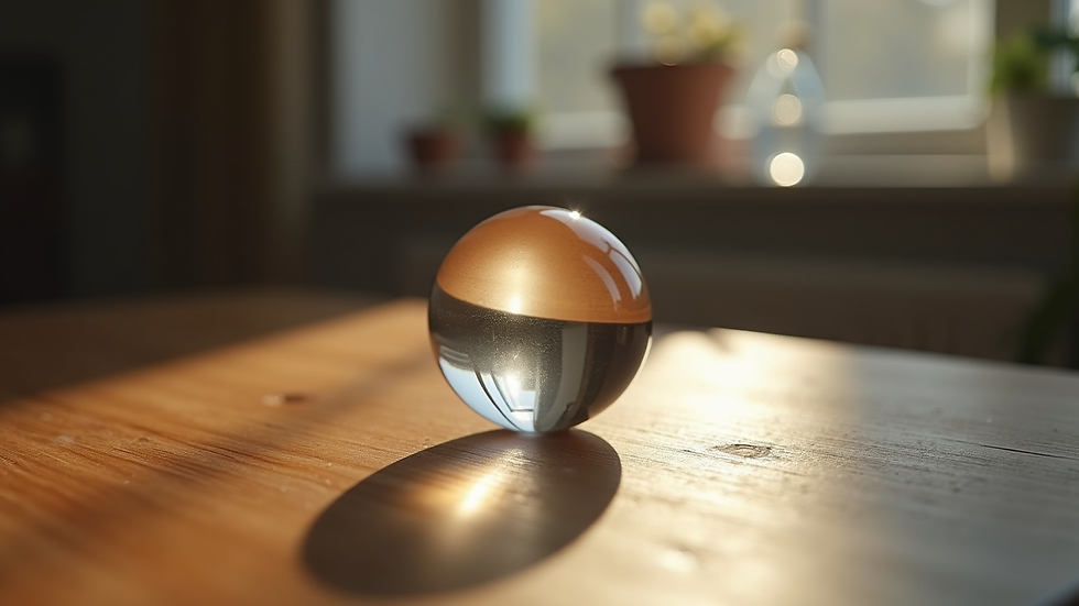 Close-up view of a crystal ball on a wooden table with soft lighting