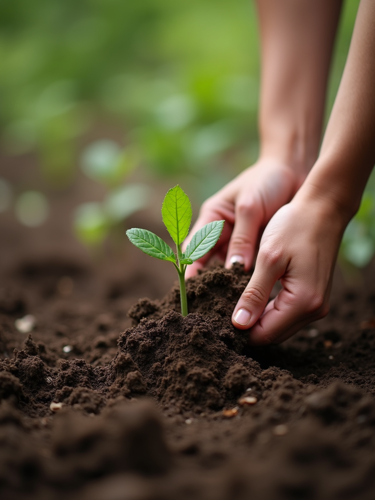 Abstract environmental shot of hands planting a new sapling, representing growth and restoration.