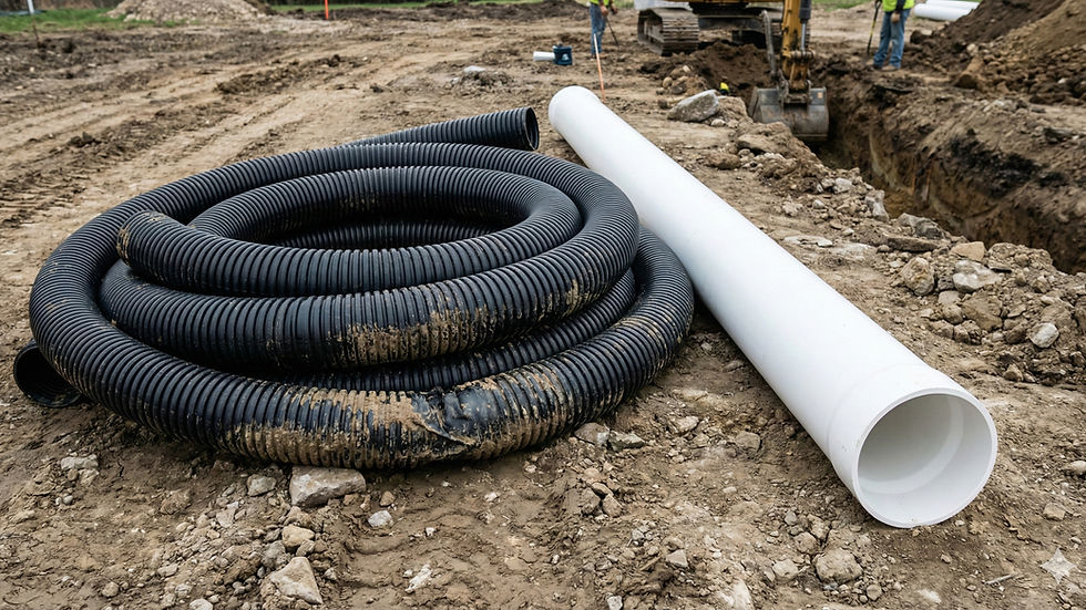 Comparison of flimsy black corrugated drainage pipe versus durable smooth-wall white PVC pipe for yard drainage.