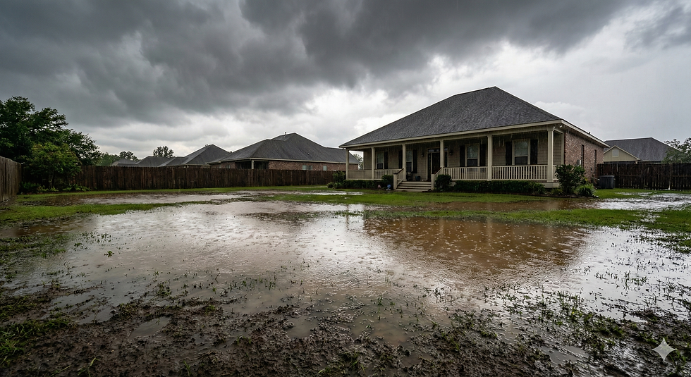 Muddy backyard in New Orleans with large puddles after heavy rain.