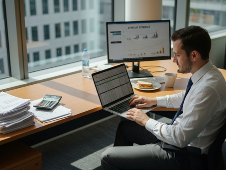 Accountant at desk reviewing startup spreadsheet