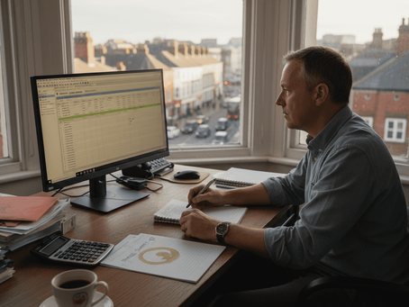 UK business owner setting up payroll at desk