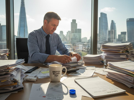 Business owner surrounded by tax paperwork in office