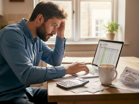 Small business owner puzzling over accounting spreadsheet