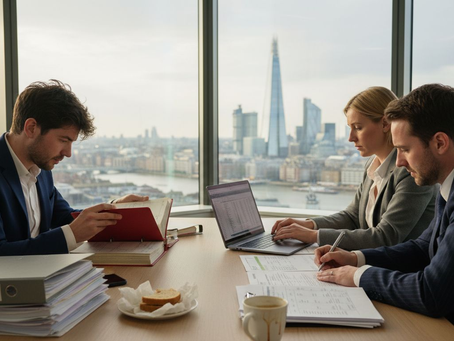 Team preparing year-end accounts in London office
