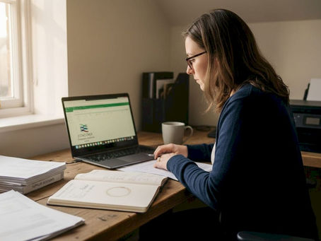 Bookkeeper reviewing financial records at UK office desk
